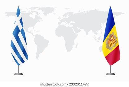 Greece and Andorra flags for official meeting against background of world map.