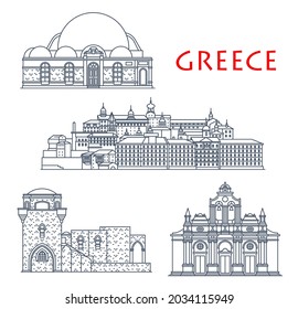 Greece architecture, antique Greek buildings and travel landmarks, vector icons. Greece building of Filerimos and Arkadi Monastery in Rhodes and Crete, Hassan Pascha Mosque and St Panteleimon Rossikon