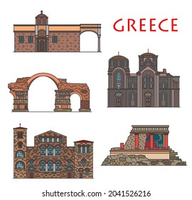 Arquitectura griega, edificios griegos antiguos de Tesalónica y Creta, puntos de referencia vectores. Hagios Demetrios y Panagia Chalkeon Church, Emperor Galerius Arch, Monasterio Vlatadon y Palacio Cnossos