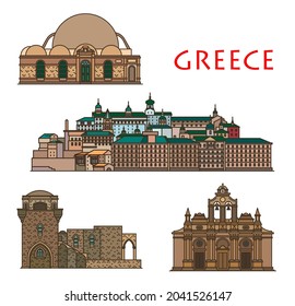 Greece architecture, church and monastery on Crete and Rhodes, vector Greek antique buildings. Saint Panteleimon or Rossikon, Filerimos and Arkadi Monastery and Hassan Pascha Mosque, Greece travel