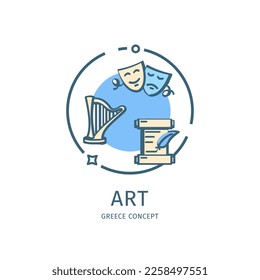 Greece Art Travel and Tourism Thin Line Icon Concept Include of Harp and Theatre Mask . Vector illustration