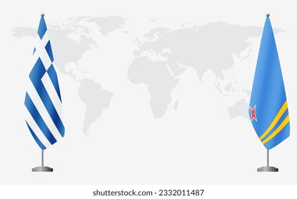 Greece and Aruba flags for official meeting against background of world map.