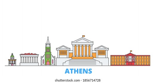 Greece, Athens line cityscape, flat vector. Travel city landmark, oultine illustration, line world icons