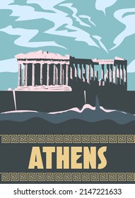 Viajes con afiches de Grecia Atenas, columnas ruinas templo antiguo, antigua cultura y arquitectura de Europa mediterránea. Ilustración vectorial de estilo vintage