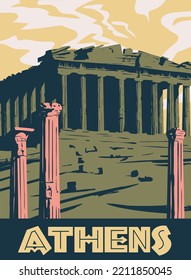 Greece Athens Poster Travel, Columns Ruins Temple Antique, Old Mediterranean European Culture And Architecture