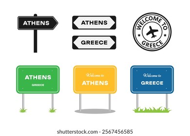 Greece, Athens road signs set. Welcome to Greece, label or sticker. Reykjavik city entering signpost. Billboard on the road. Vector illustration