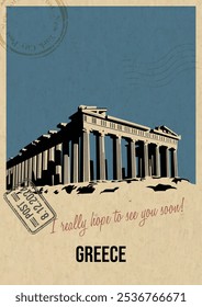 Griechenland Attraction Postkarte, alte Akropolis Parthenon Illustration, Vektorvorlage Retro Stil Grußkarte mit Handschrift Wunsch. Postaufdruck, gereifte Papierstruktur