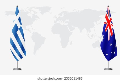 Greece and Australia flags for official meeting against background of world map.