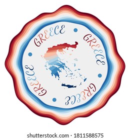 Greece badge. Map of the country with beautiful geometric waves and vibrant red and blue frame. Vivid round Greece logo. Vector illustration.