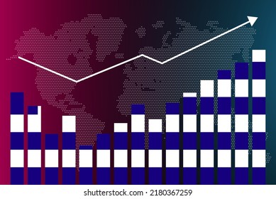 Gráfico gráfico de barras de Grecia con altibajos, valores crecientes, bandera de Grecia en el gráfico de barras, flecha ascendente en los datos, idea de pancarta de noticias, concepto de país en desarrollo