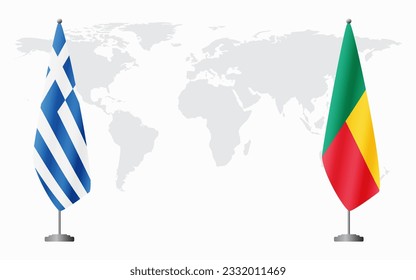 Greece and Benin flags for official meeting against background of world map.