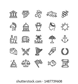Greece Black Thin Line Icon Set Include of Grape, Bottle, Sun and Mask. Vector illustration of Icons