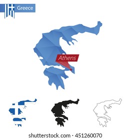 Greece blue Low Poly map with capital Athens, four versions of map. Vector Illustration.