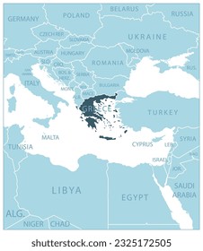 Greece - blue map with neighboring countries and names. Vector illustration