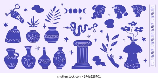 Greece blue silhouettes isolated on white background. Vector vases, torso, female profiles, snake, moon phases.