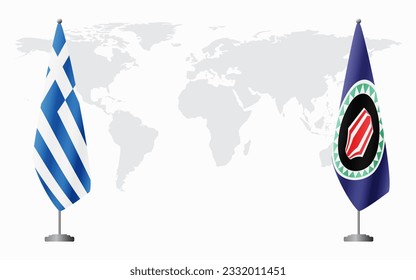 Greece and Bougainville flags for official meeting against background of world map.