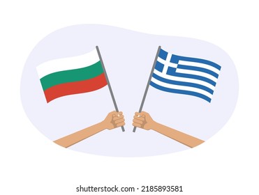 Greece and Bulgaria flags. Bulgarian and Greek national symbols. Hand holding waving flag. Vector illustration.