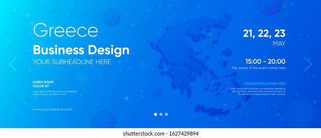 Greece business design template with its own map and various design elements on the blue gradient background for web.