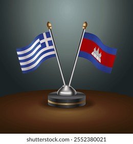 Greece and Cambodia table flags relation  with gradient backgrund. Vector Illustration