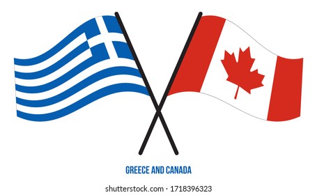 Greece and Canada Flags Crossed And Waving Flat Style. Official Proportion. Correct Colors.