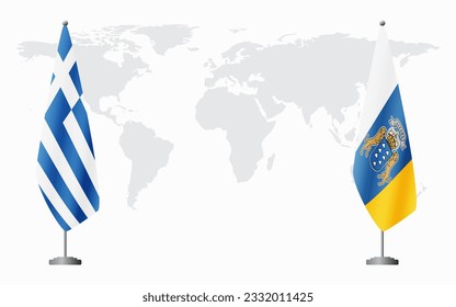 Greece and Canary Islands flags for official meeting against background of world map.