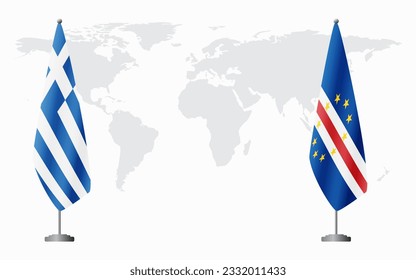 Greece and Cape Verde flags for official meeting against background of world map.