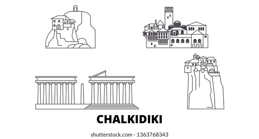 Greece, Chalkidiki line travel skyline set. Greece, Chalkidiki outline city vector illustration, symbol, travel sights, landmarks.