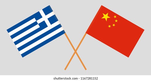 Greece and China. Crossed Greek and Chinese flags. Official colors. Correct proportion. Vector illustration