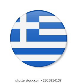 Icono del botón Círculo de Grecia. Bandera griega redonda con sombra. Ilustración vectorial 3D realista aislada en blanco.

