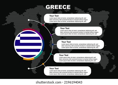 Greece circle infographic with information text spaces, black background with world map, Greece circle country flag, presentation graphic idea, info and data template for countries