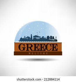 Greece, city skyline silhouette in snow globe. Vector design.