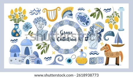 Greece Collection Hand drawn Mediterranean illustrations inspired by Greece architecture, statues, olive branches, lemons, pottery, sea elements, and mythical vibes.