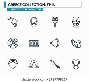griechische Sammlung. Thin Icons Set - Sportspiele, Sokrates, Poseidon, Pegasus, Plato Outline Vektorsammlung.