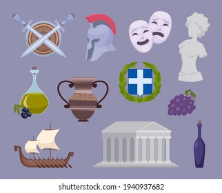 Greece collection. Traditional authentic cultural object of greece travelling symbols europe landmarks exact vector cartoon set isolated