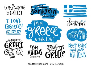 Texto del lema del concepto de Grecia y palabras con bandera y dibujos conjuntos colección. Diseño de ilustraciones vectoriales para gráficos de moda, estampados de camisetas, regalos, imanes.