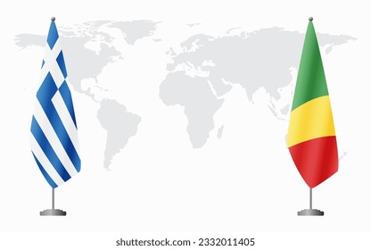 Greece and Congo Brazzaville flags for official meeting against background of world map.