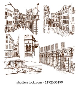 Greece. Corfu (Kerkyra). Vector sketch town. Hand drawn buildings and streets. 