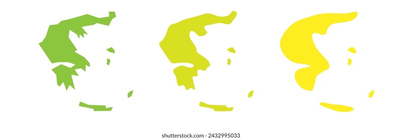 Greece country black outline and colored country silhouettes in three different levels of smoothness. Simplified maps. Vector icons isolated on white background.