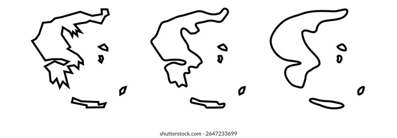 Grécia país preto silhuetas contorno em três diferentes níveis de suavidade. Mapas simplificados. Ícones de vetor isolados no plano de fundo branco.