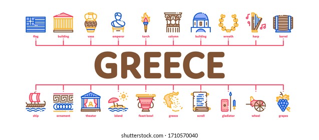 Greece Country History Minimal Infographic Web Banner Vector. Greece Flag And Antique Amphora, Building And Boat, Wine Barrel And Grape Illustrations