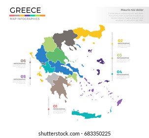 Greece country map infographic colored vector template with regions and pointer marks