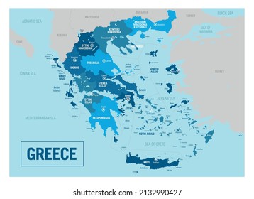 Greece country political map. Detailed vector illustration with isolated provinces, departments, regions, counties, cities, islands and states easy to ungroup.