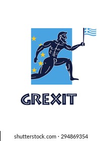 Greece crisis (grexit) illustration. Greek runner with national flag go out from european union