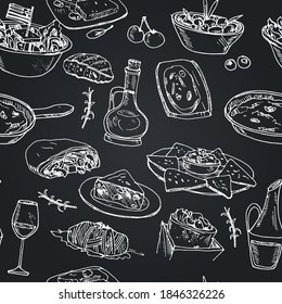 Greece cuisine Vector seamless pattern  with food and drink hand drawn doodles.