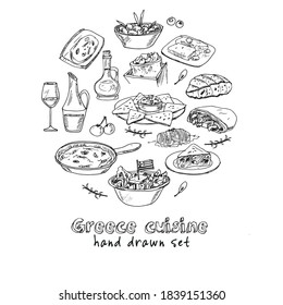 Greece cuisine Vector set with food and drink hand drawn doodles.