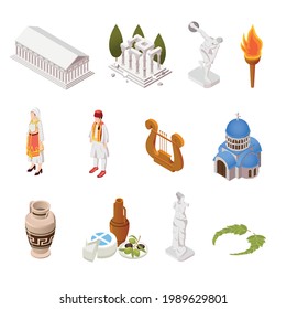 Greece culture food architecture landmarks parthenon acropolis temple pottery antique sculpture isometric set vector illustration