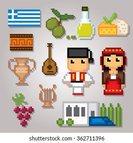 Greece culture symbols icons set. Pixel art. Old school computer graphic style.
