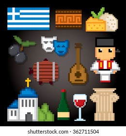 Greece culture symbols icons set. Pixel art. Old school computer graphic style.