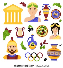 Greece decorative icons set with antique temple salad olive oil isolated vector illustration