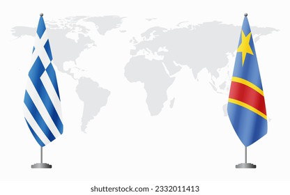 Greece and Democratic Republic of Congo flags for official meeting against background of world map.
